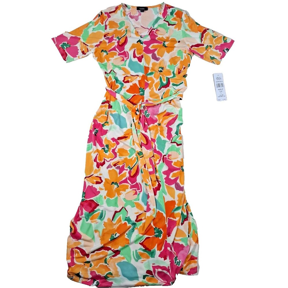 MSK Women's Orange Floral-Print Tie-Waist V-Neck Midi Dress-SZ LG-NEW w/Tags!
